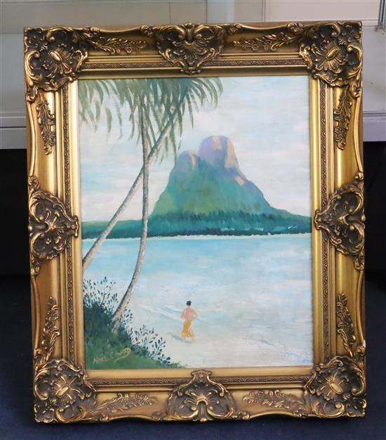 § Sir Noel Coward (1899-1973) Figure on a beach, The Pitons 19.5 x 15.5in.